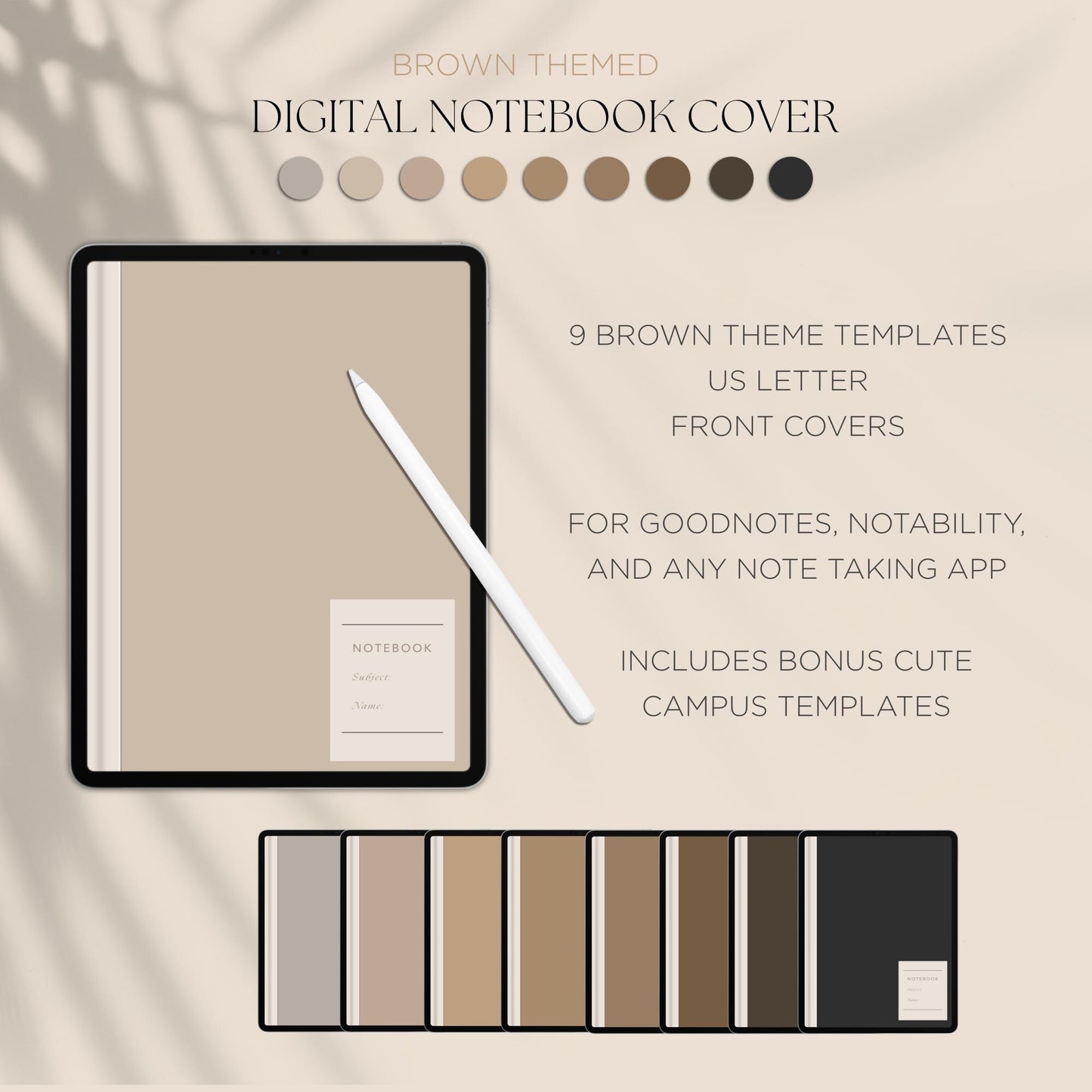 Digital Notebook Cover Brown and Kawaii Campus Theme for iPad and tablet | 17 options | GoodNotes, Notability, | Notes Cover Templates |