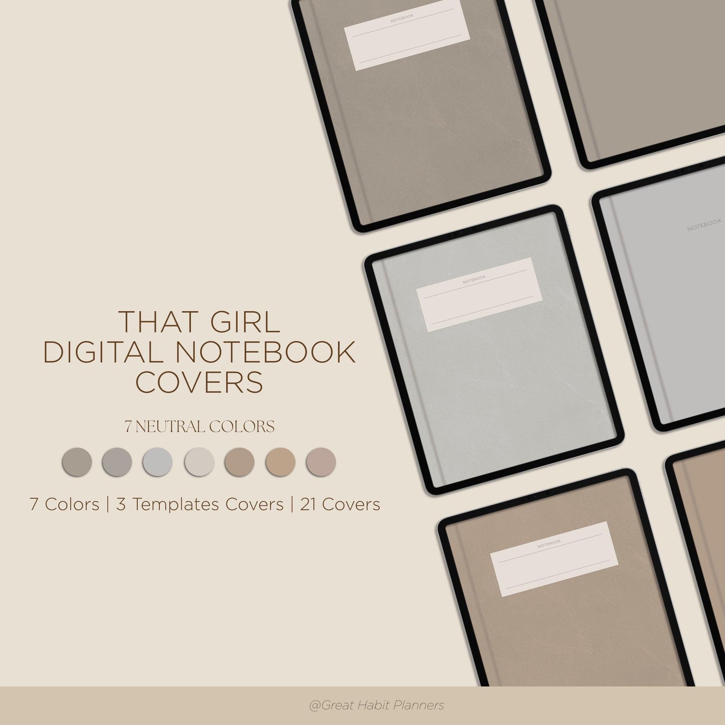 Digital Notebook Covers - Neutral - Realistic Hard Covers Elastic Band | Digital Planner and Digital Journal | A4 | 7 Colors | That Girl |