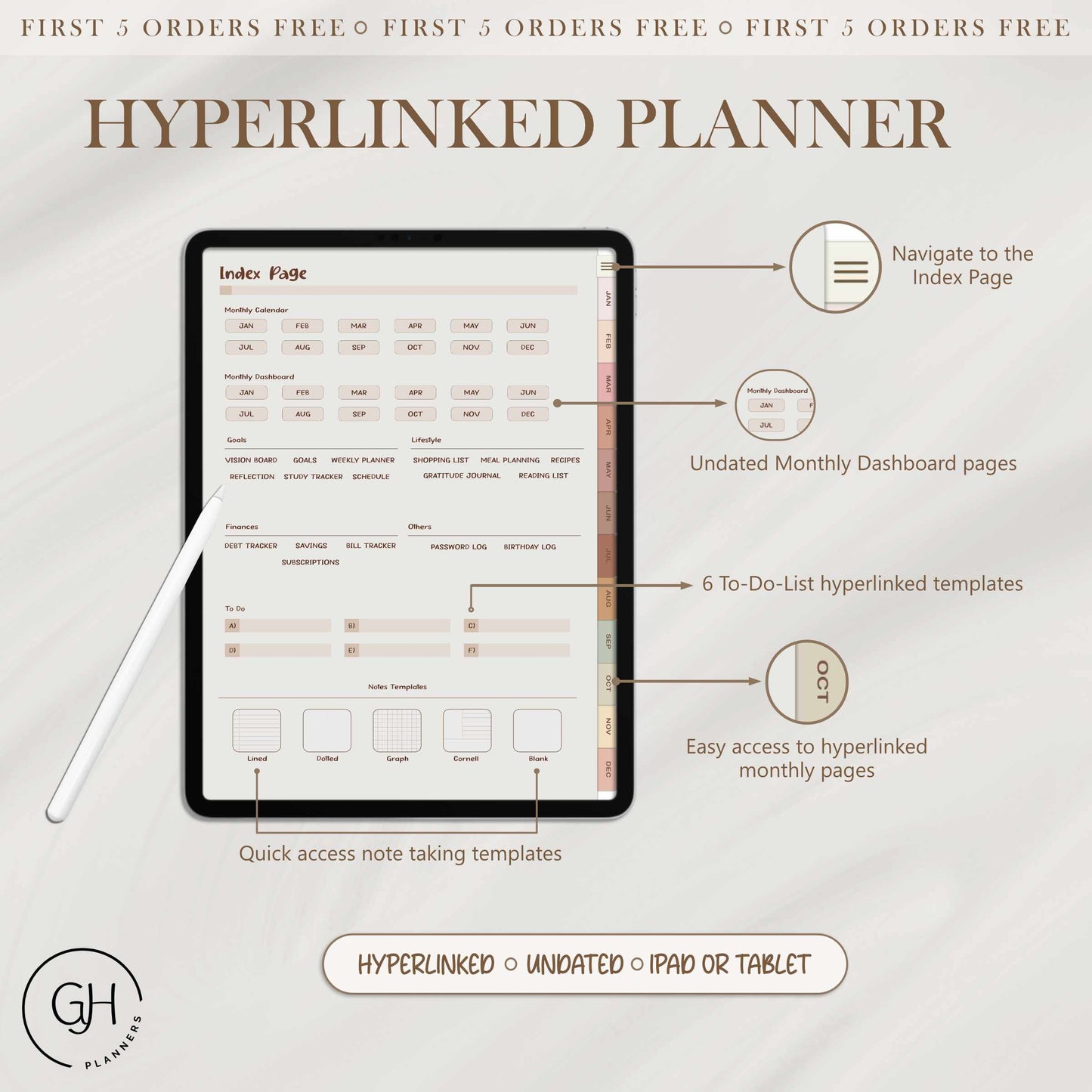 Undated Monthly Digital Planner, GoodNotes Planner, Nobility Planner, Monthly Planner, Boho, Brown Theme Planner, GreatHabitPlanners