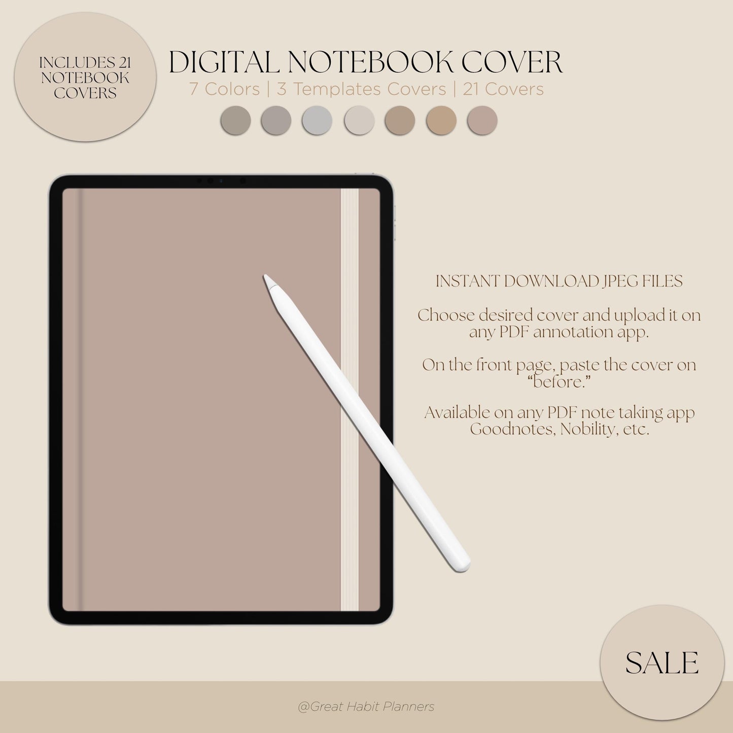 Digital Notebook Covers - Neutral - Realistic Hard Covers Elastic Band | Digital Planner and Digital Journal | A4 | 7 Colors | That Girl |