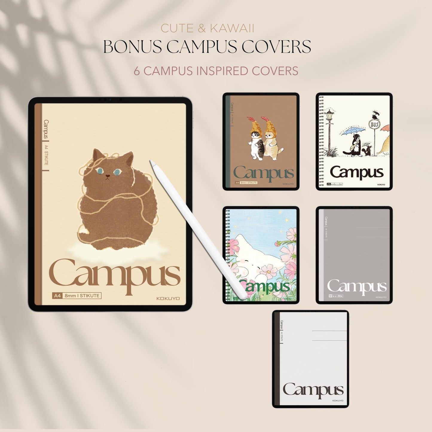 Digital Notebook Cover Brown and Kawaii Campus Theme for iPad and tablet | 17 options | GoodNotes, Notability, | Notes Cover Templates |