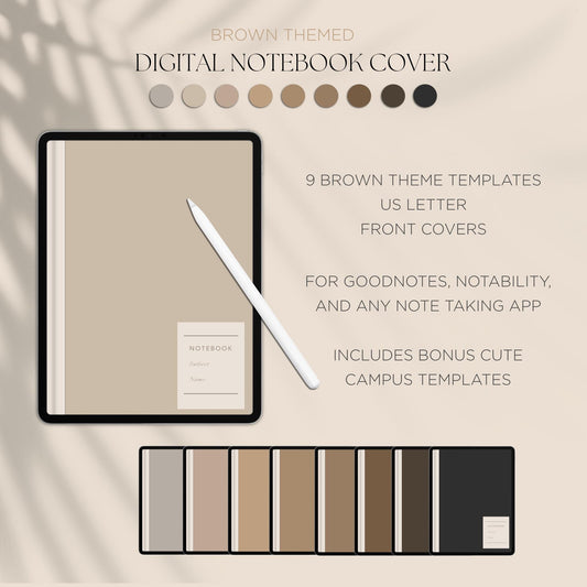 Digital Notebook Cover Brown and Kawaii Campus Theme for iPad and tablet | 17 options | GoodNotes, Notability, | Notes Cover Templates |